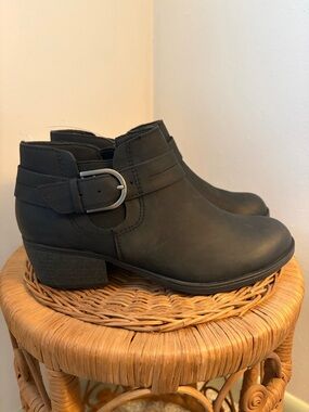 Clarks Black Leather Ankle Booties with Buckle Strap